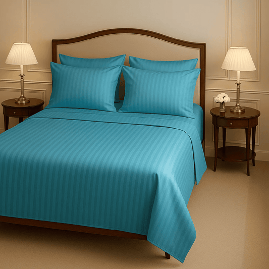 COTTON SATIN NARROW STRIPE BEDSHEET SET - CYAN 1