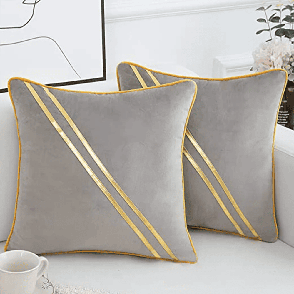 Pack of 2 Premium Diagonal Line Velvet Cushion Covers - Grey