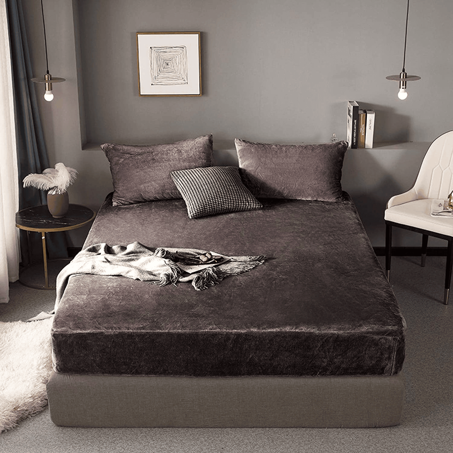 velvet fitted bed sheet - brown