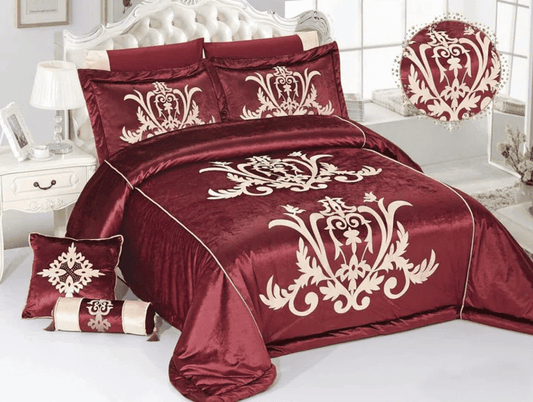 8 Pcs Bridal Velvet Bed Sheet Comforter Set – Royal Maroon