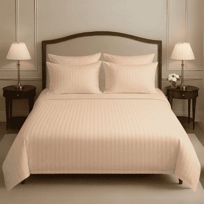 COTTON SATIN NARROW STRIPE BEDSHEET SET - BEIGE