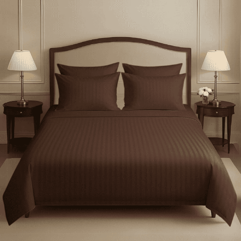 COTTON SATIN NARROW STRIPE BEDSHEET SET - BROWN