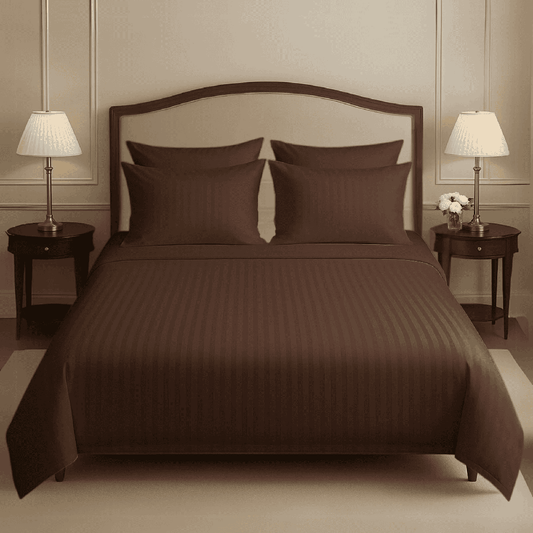 COTTON SATIN NARROW STRIPE BEDSHEET SET - BROWN