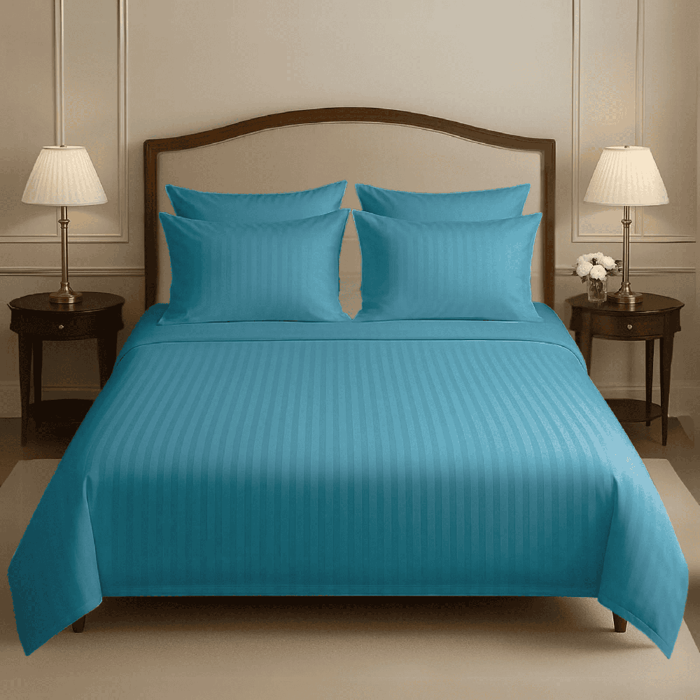 COTTON SATIN NARROW STRIPE BEDSHEET SET - CYAN