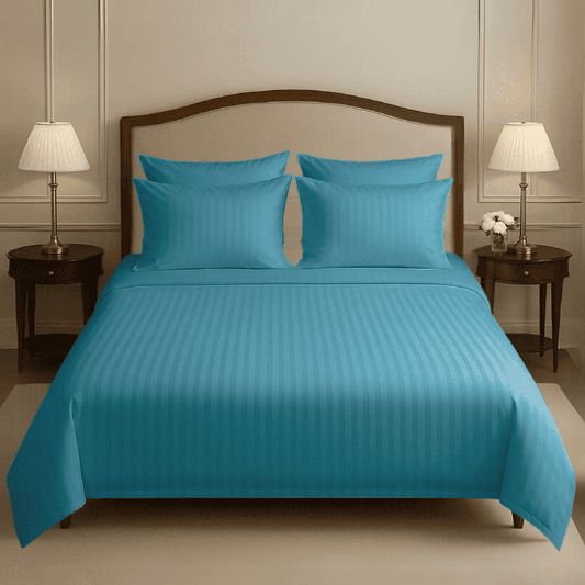 COTTON SATIN NARROW STRIPE BEDSHEET SET - CYAN