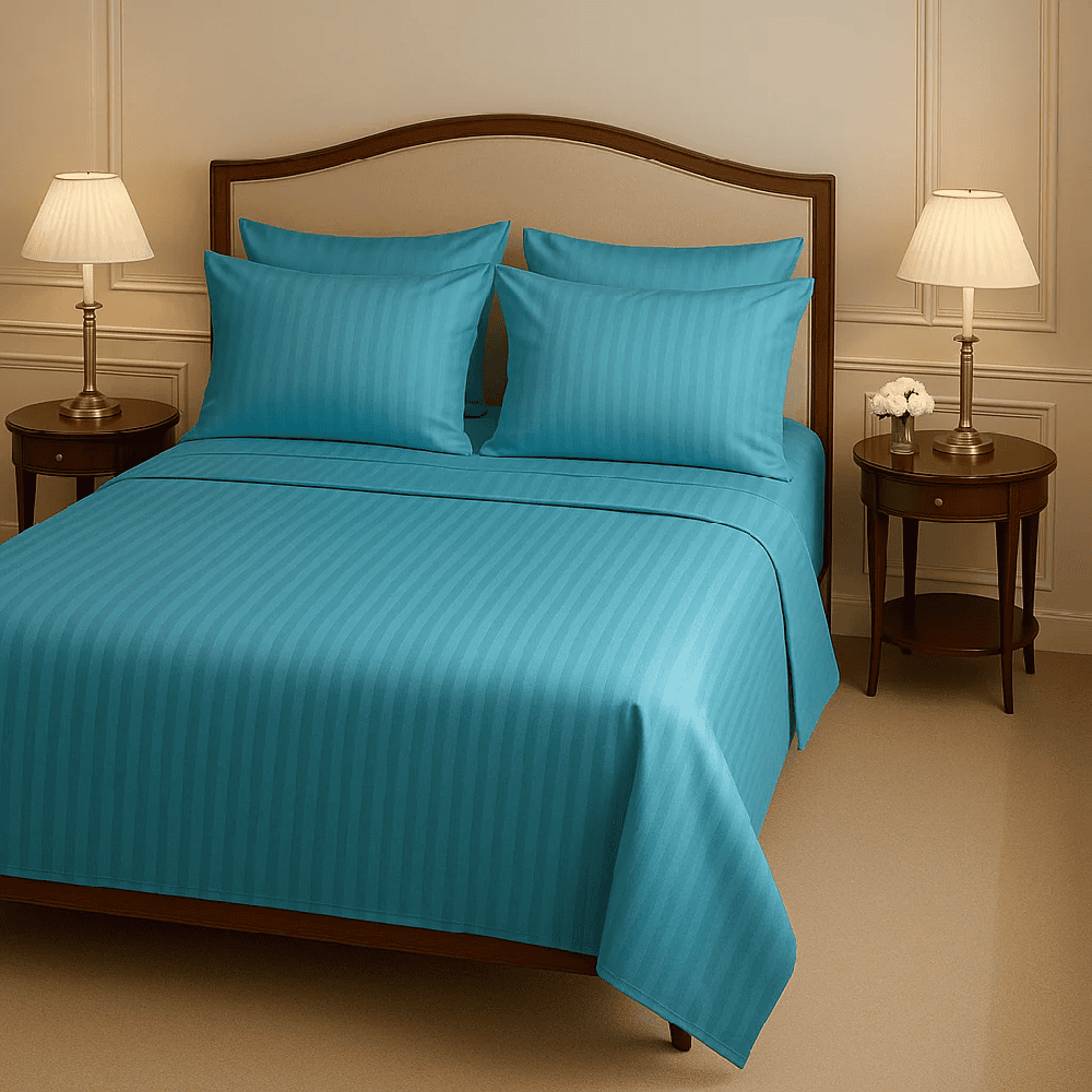 COTTON SATIN NARROW STRIPE BEDSHEET SET - CYAN 1