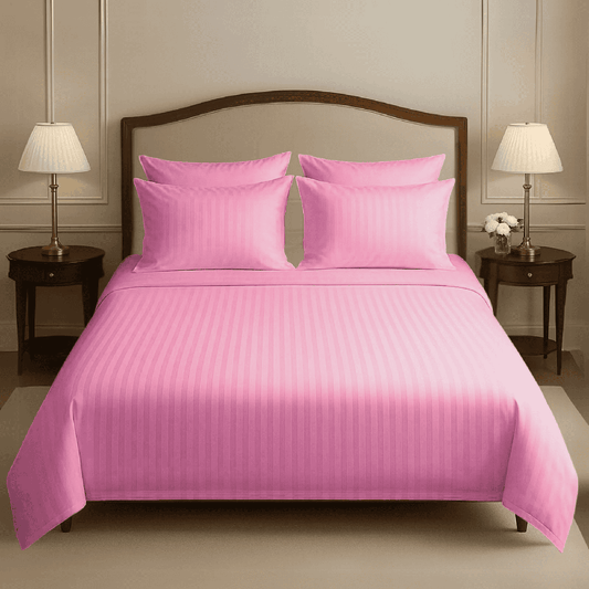 COTTON SATIN NARROW STRIPE BEDSHEET SET - PINK