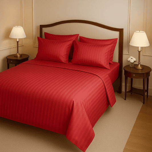 COTTON SATIN NARROW STRIPE BEDSHEET SET - RED 1