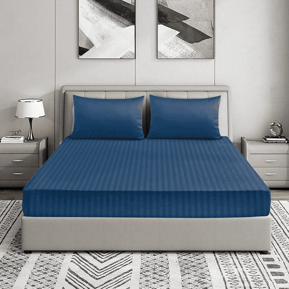 Cotton Sateen Striped Fitted Sheet - Blue