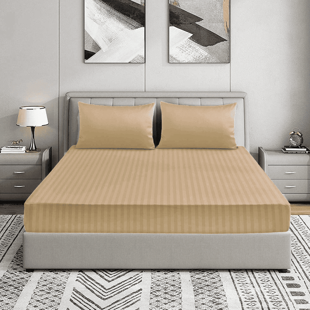 Cotton Sateen Striped Fitted Sheet - Camel