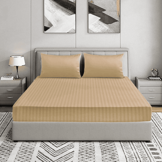Cotton Sateen Striped Fitted Sheet - Camel
