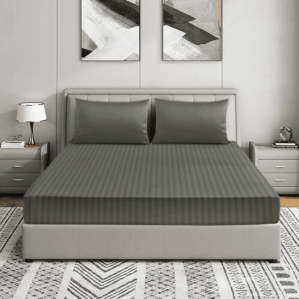 Cotton Sateen Striped Fitted Sheet - Grey