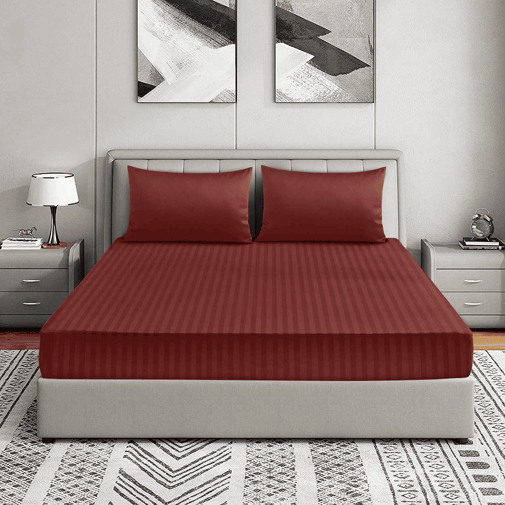 Cotton Sateen Striped Fitted Sheet - Maroon