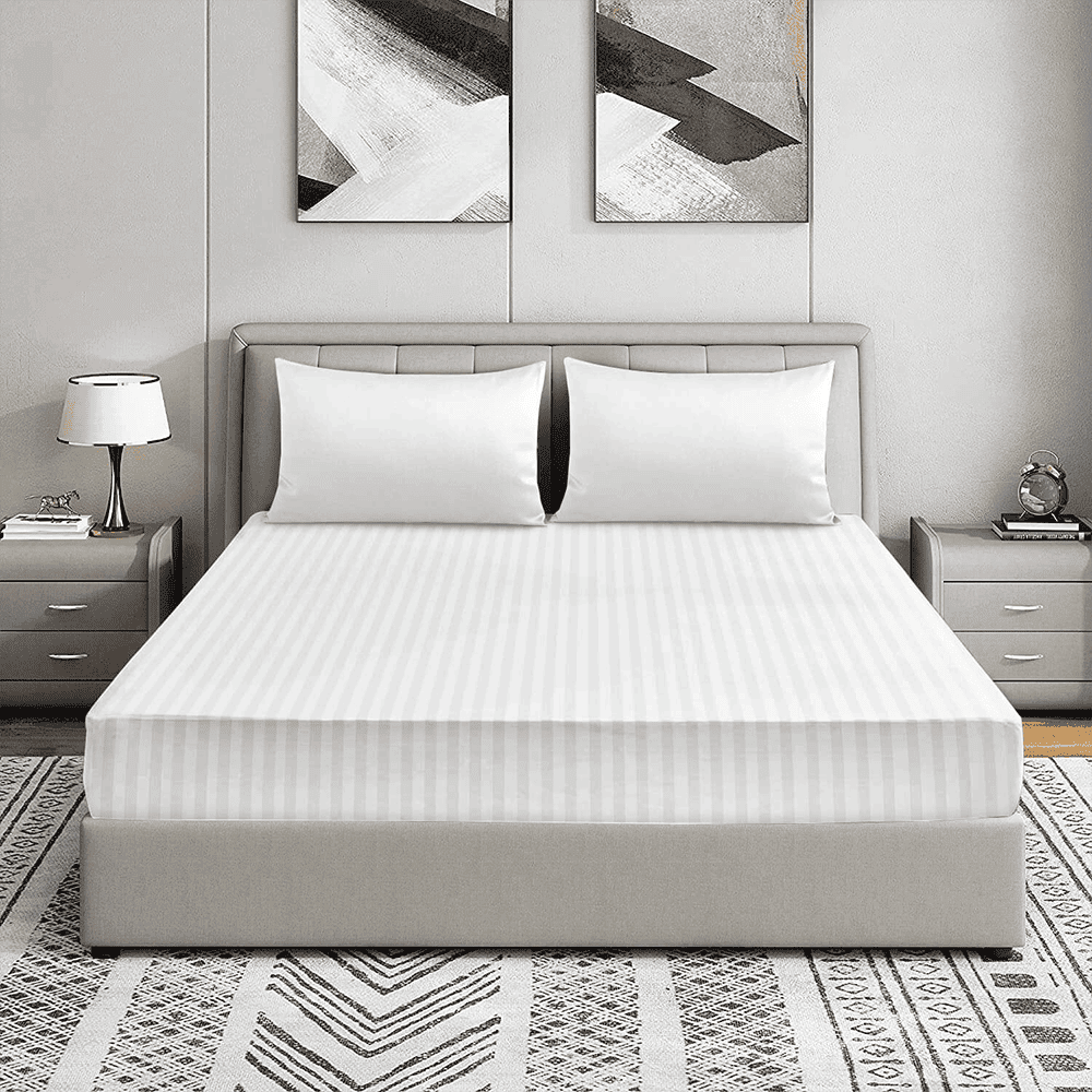 Cotton Sateen Striped Fitted Sheet - White