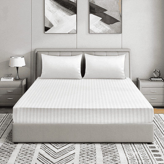 Cotton Sateen Striped Fitted Sheet - White