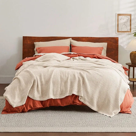 Cotton Waffle Weave Sofa & Bed Throws Blanket for Summer - Beige