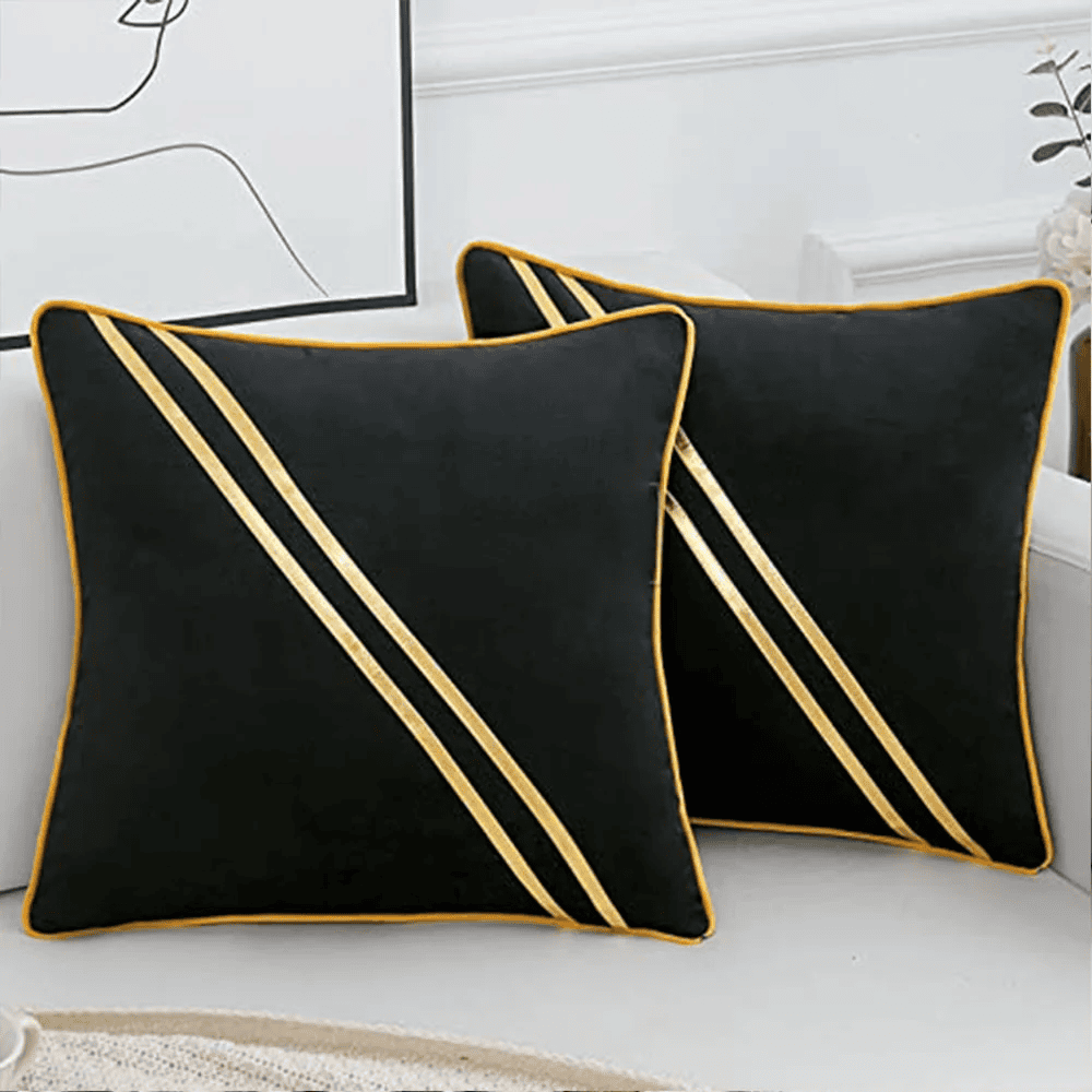 Pack of 2 Premium Diagonal Line Velvet Cushion Covers - Black