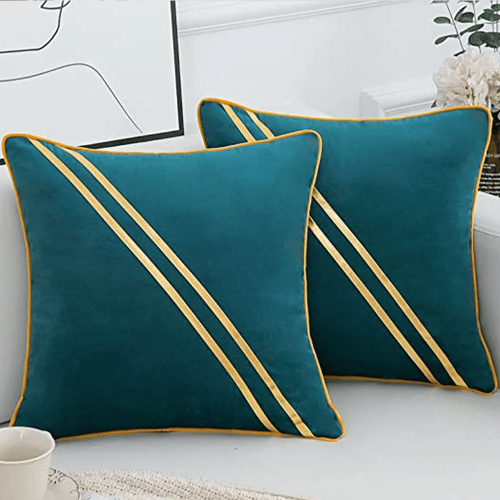 Pack of 2 Premium Diagonal Line Velvet Cushion Covers - Teal