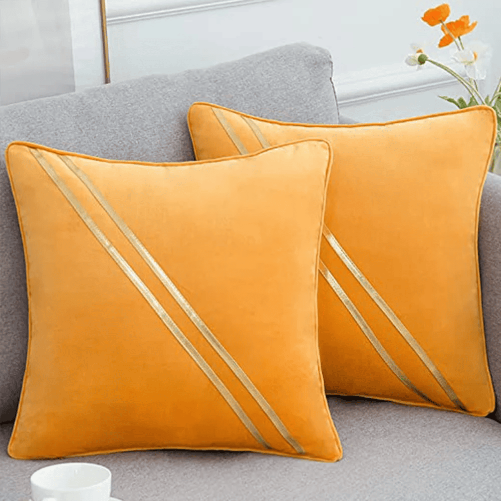 Pack of 2 Premium Diagonal Line Velvet Cushion Covers - Yellow