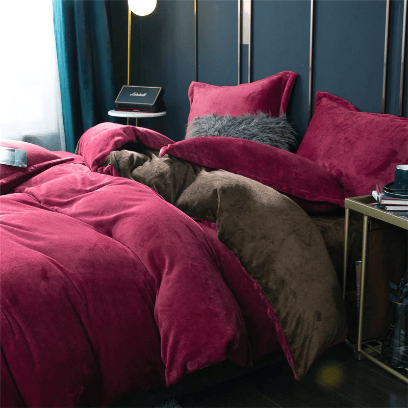 Premium Reversible Velvet Duvet Cover - Maroon & Brown