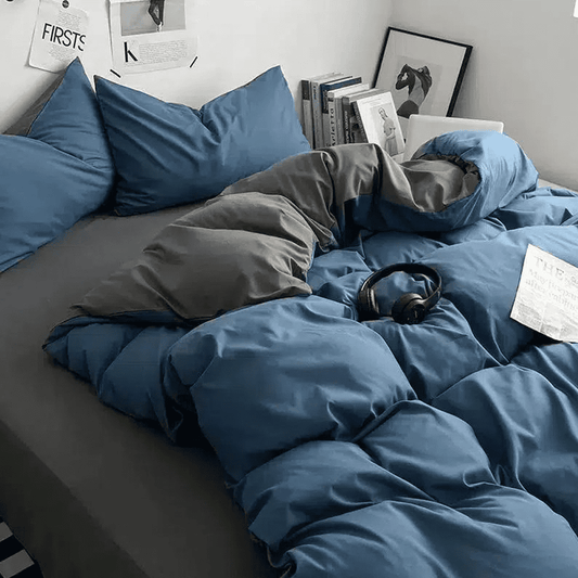 Reversible Rich Cotton Duvet Cover - Blue & Grey
