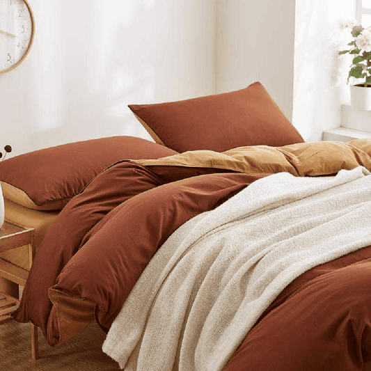 Reversible Rich Cotton Duvet Cover - Brown & Mustard