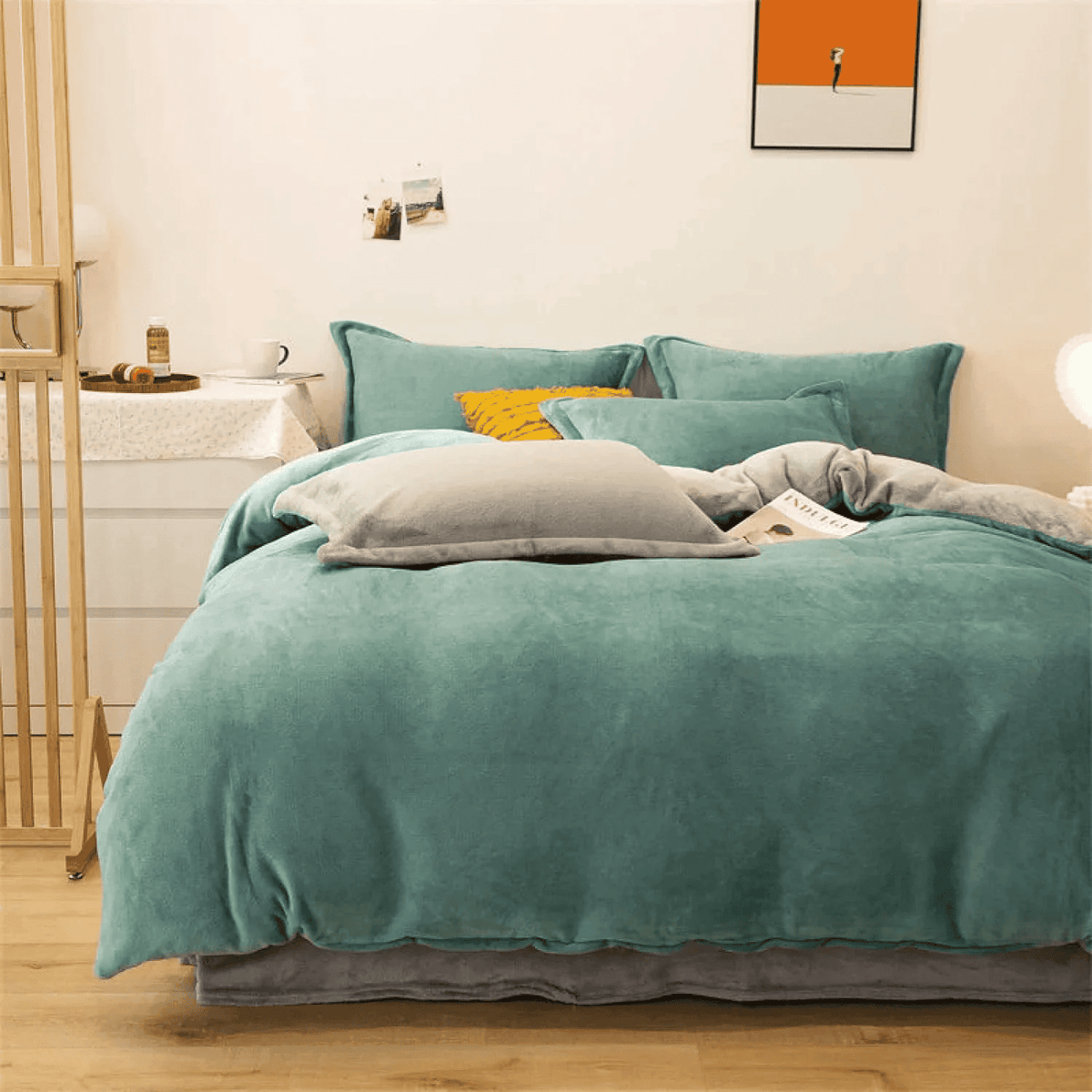 Reversible Velvet Duvet Cover - Light Teal & Grey
