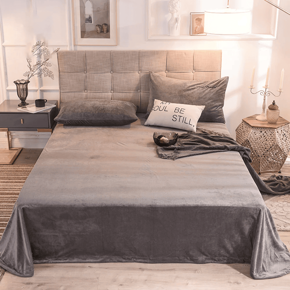 Velvet Bedsheet with 2 pillow covers-Silver Grey
