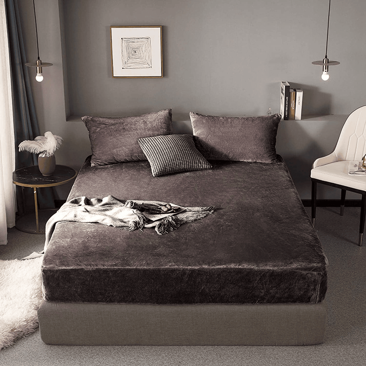 velvet fitted bed sheet - brown